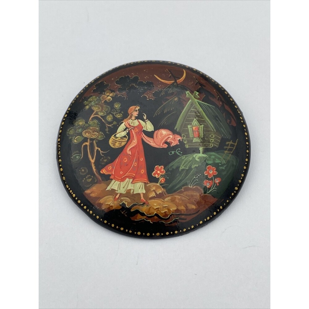 c1990 Vintage Russian Lacquer Pin Brooch from Palekh - USSR
